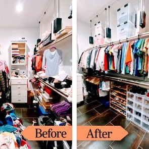 Before And After images showing a messy, cluttered closet next to an organized closet solution with matching hangers and shoe storage
