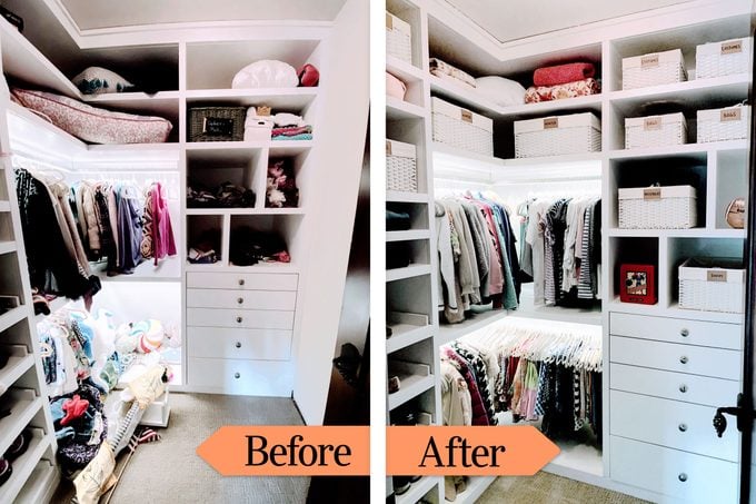 Before And After closet organizing with labeled bins