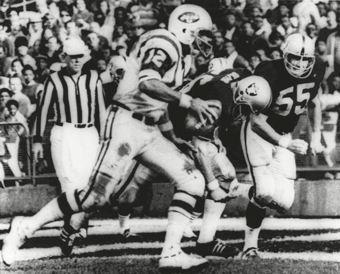 Mandatory Credit: Photo by Uncredited/AP/Shutterstock (10479900a) HEIDI. New York Jets' quarterback Joe Namath (12) sweeps around the right side past Oakland Raider defenders Ralph Oliver (56) and Dan Conners (55) to score from the one-yard line during the second quarter of a football game at Oakland Coliseum in Oakland, Calif. The Jets were leading 32-29 when the childrens classic "Heidi" began on NBC, interrupting the final minutes of the game which the Raiders won 43-32 in one of the most dramatic rallies in AFL history Game of the Week Analysis Football, OAKLAND, USA - 17 Nov 1968