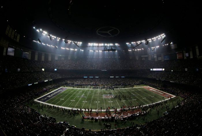 Mandatory Credit: Photo by Charlie Riedel/AP/Shutterstock (6023394a) During an outage in the second half of the NFL Super Bowl XLVII football game, in New Orleans. Officials of Entergy New Orleans say the cause of the Super Bowl blackout was a faulty device called a relay that had been installed to prevent a failure of electric cables leading to the Superdome. They said the device has been removed and replacement equipment will be installed US--Super Bowl-Power Outage, New Orleans, USA