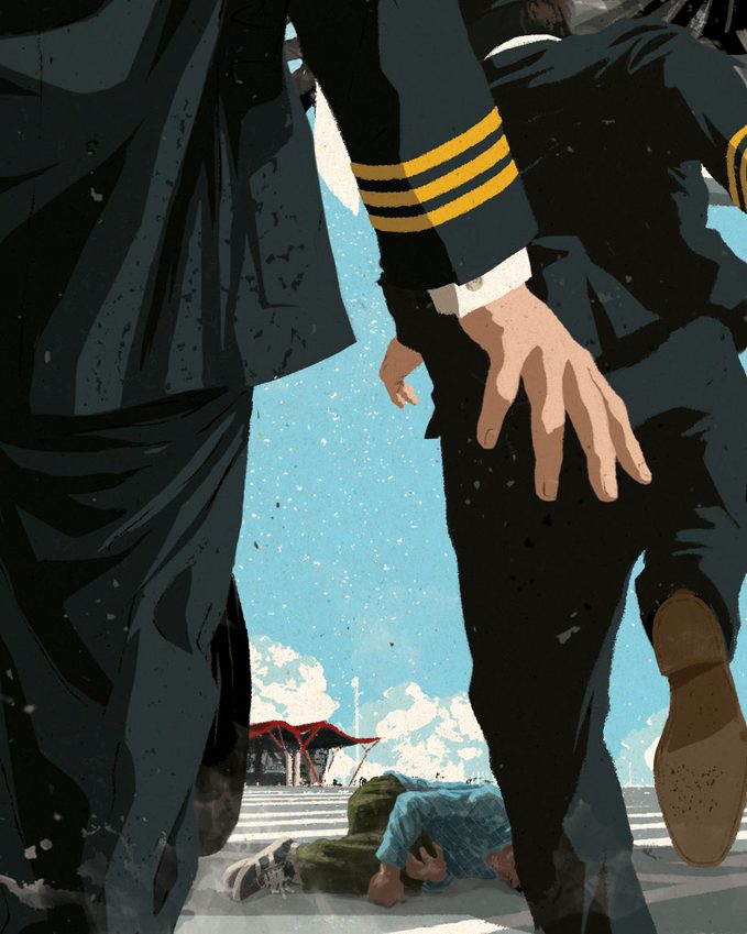 plane captains finding a man on the tarmac illustration