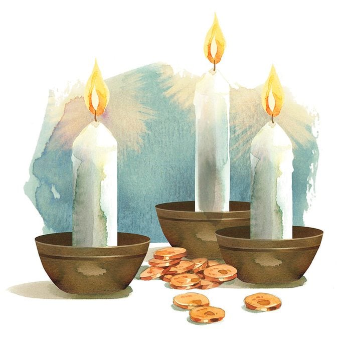 illustration of three candles with some scattered coins
