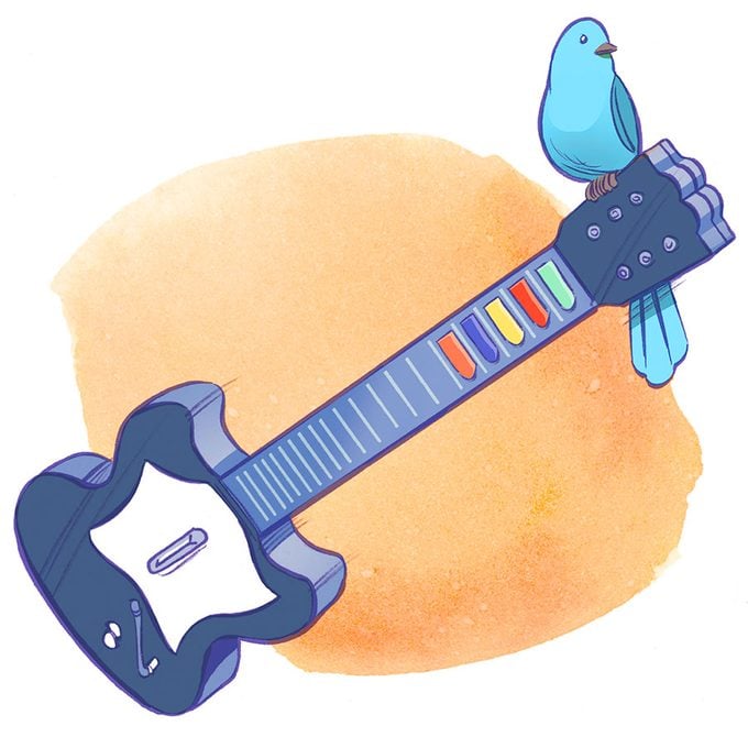 illustration; video game guitar with bluebird on the edge