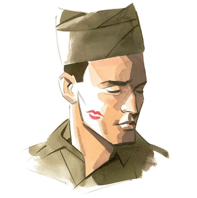 illustration of a soldier with a lipstick kiss on his cheek