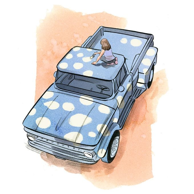 illustration of a woman painting polka dots on a pick up truck