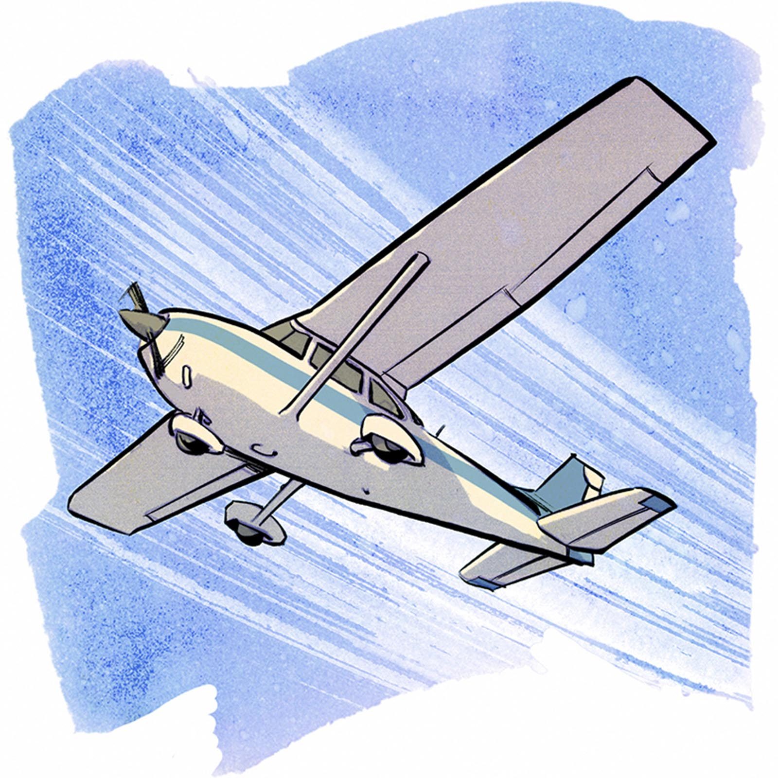 Illustration of an airplane on a blue watercolor background