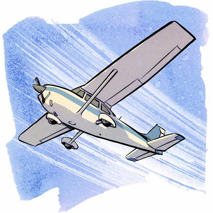 Illustration of an airplane on a blue watercolor background