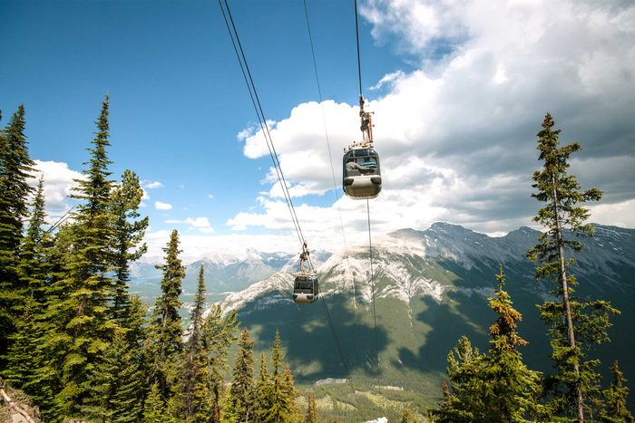 gondolas going up a mountain in Idaho, pine trees in the foreground and a snowy mountain peak in the distance