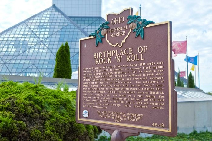 Ohio historic marker in front of the rock and roll hall of fame, the birthplace of rock n roll