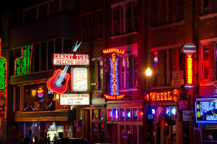 downtown street signs Nashville TN at night