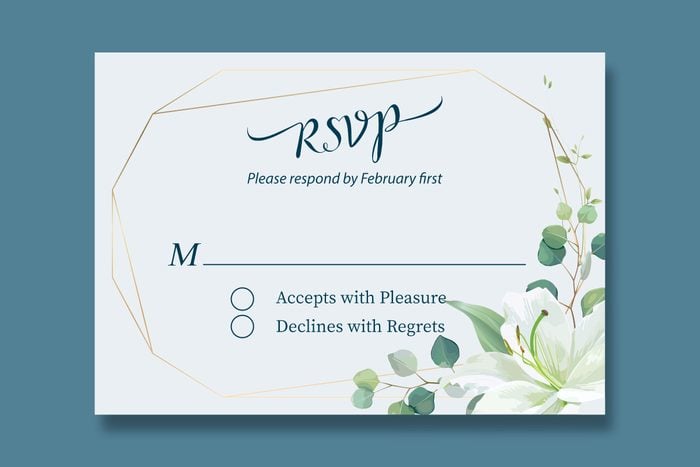 wedding rsvp card with a line that begins with M