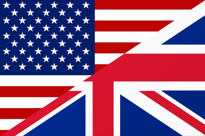 split screen of american flag and england flag