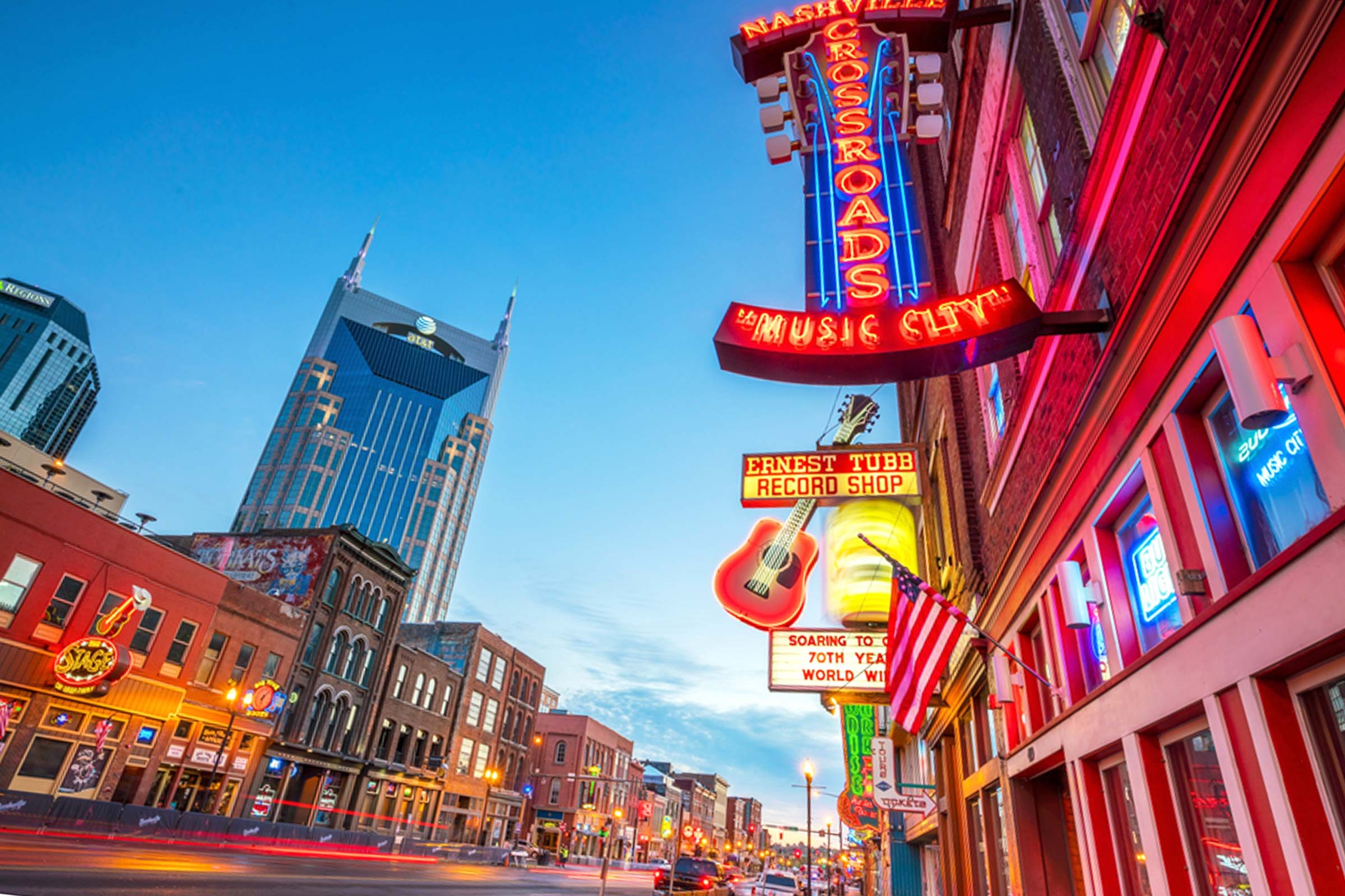 Neon signs on Lower Broadway Area in Nashville, Tennessee, USA