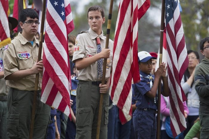 Boy scouts display US Flag at solemn 2014 Memorial Day Event, Los Angeles National Cemetery, California, USA, 05.24.2014