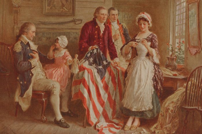 Betsy Ross Showing Major Ross And Robert Morris How She Cut The Stars For The American Flag George Washington Sits In A Chair On The Left. Print By J.l.g. Ferris