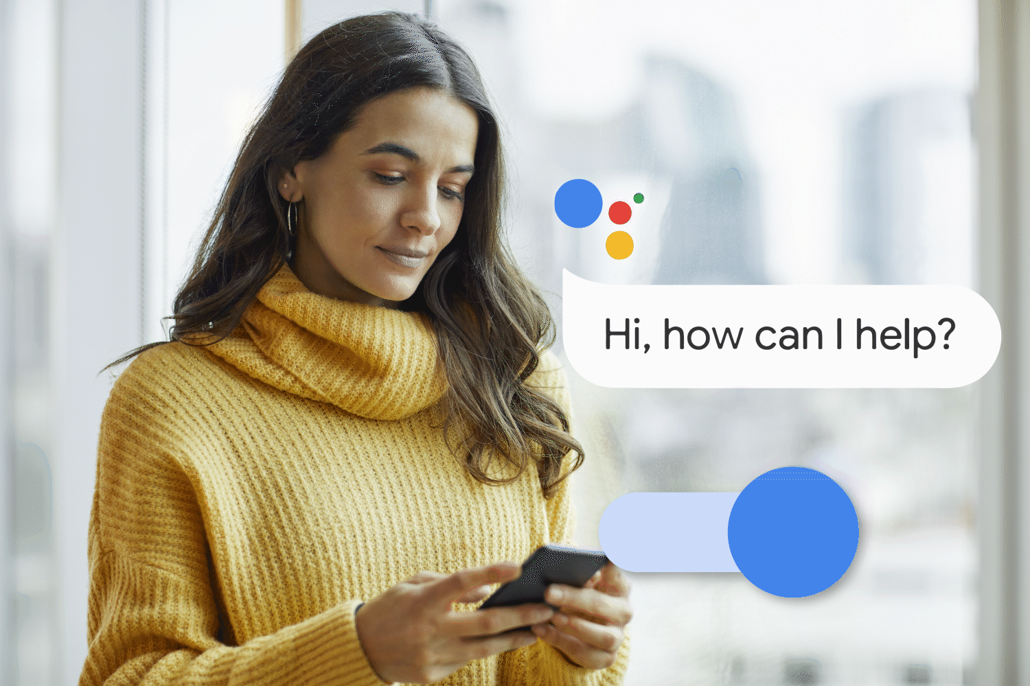 Woman on phone turning Google Assistant on and off, animation