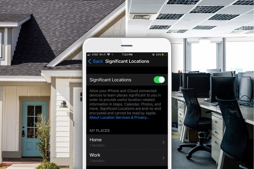 Split screen house and workplace with an iPhone showing a screen with a list of significant locations, work and home.