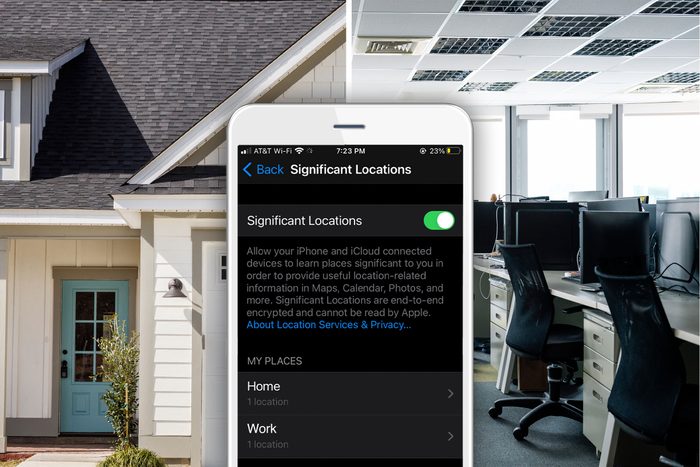 Split screen house and workplace with an iPhone showing a screen with a list of significant locations, work and home.