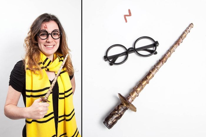 Harry Potter hufflepuff halloween costume with glasses and wand