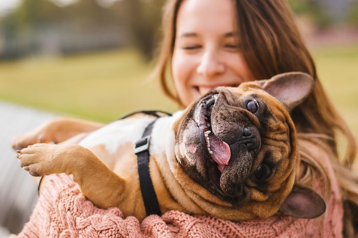 happy dog in smiling woman's arms