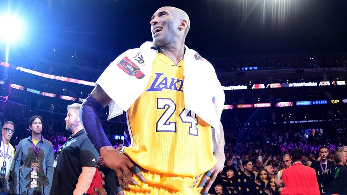 Kobe Bryant #24 of the Los Angeles Lakers celebrates after scoring 60 points in his final NBA game at Staples Center on April 13, 2016 in Los Angeles, California.