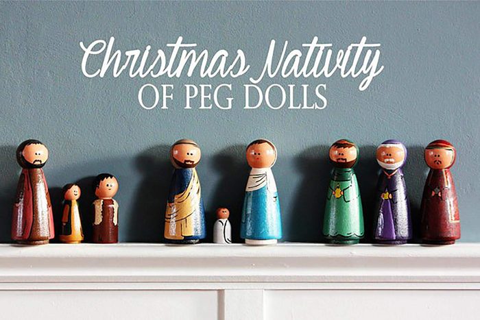 christmas nativity peg dolls on ledge in home
