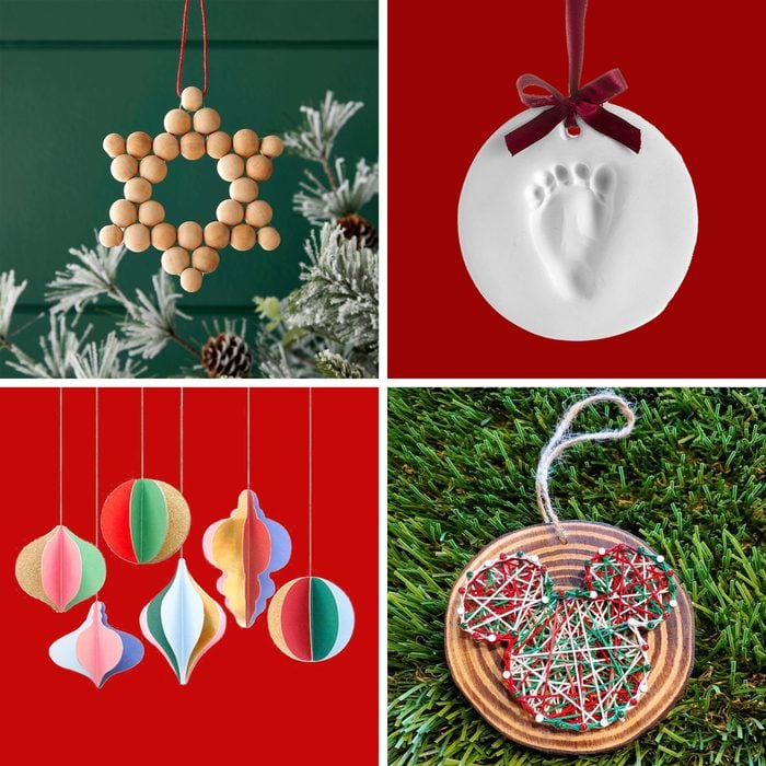4 Christmas ornaments on green and red backgrounds