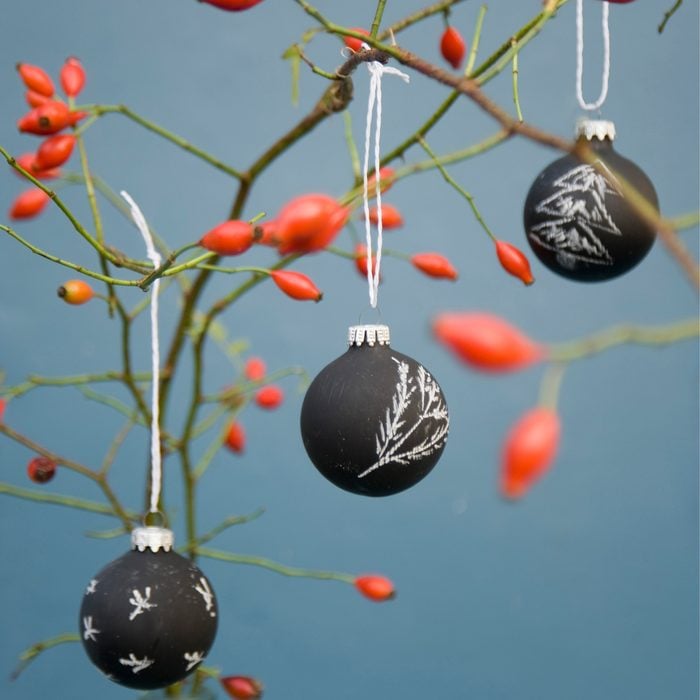 Christmas baubles, blackboard paint painted with chalk, rosehip twig