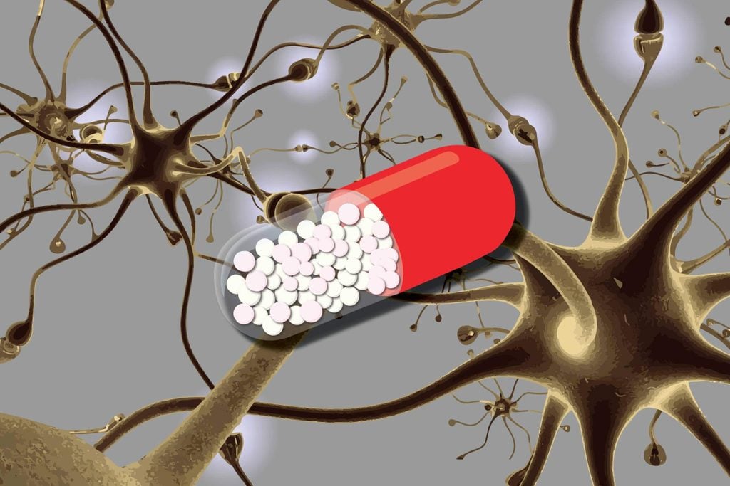 Illustration of a vitamin B3 capsule on a brain synapse backdrop.