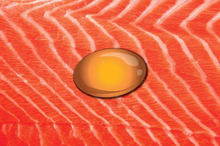 Illustration of an omega-3 fish oil supplement on a salmon backdrop.