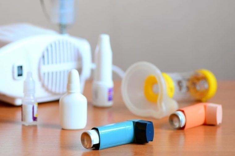 Medical equipment and drugs for treatment of asthma. Nebulizer, inhaler, spacer, nebula, anti-inflammatory drugs to manage asthma. Bronchi asthma, allergy concept