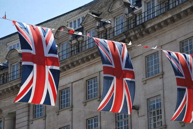 Union Jack flags in Regent Street, London, UK