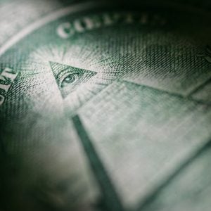 Selectively highlighted detail of the One Dollar Bill from the United States of America showing the Pyramid and the All Seeing Eye 