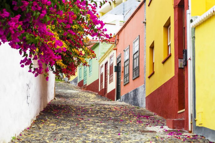 Colorful and street with flowers In Santa Cruz, La Palma, Canary Islands