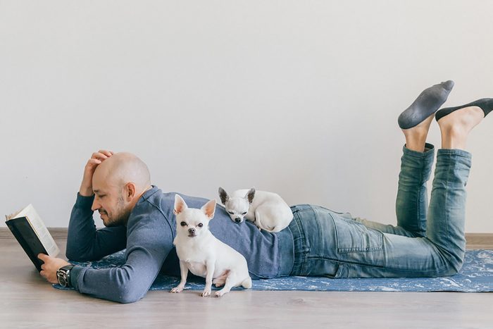 man reads on the floor with two puppies