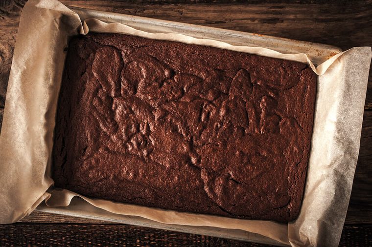 Chocolate brownie on the baking tray