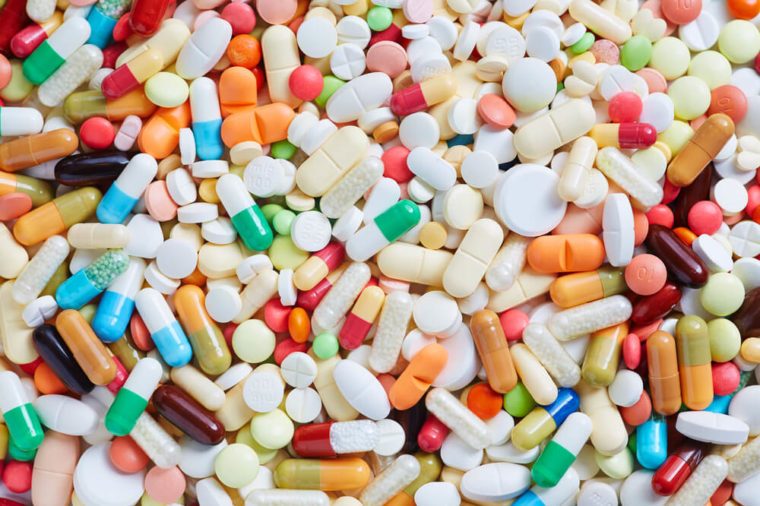 Many different colorful medication and pills from above