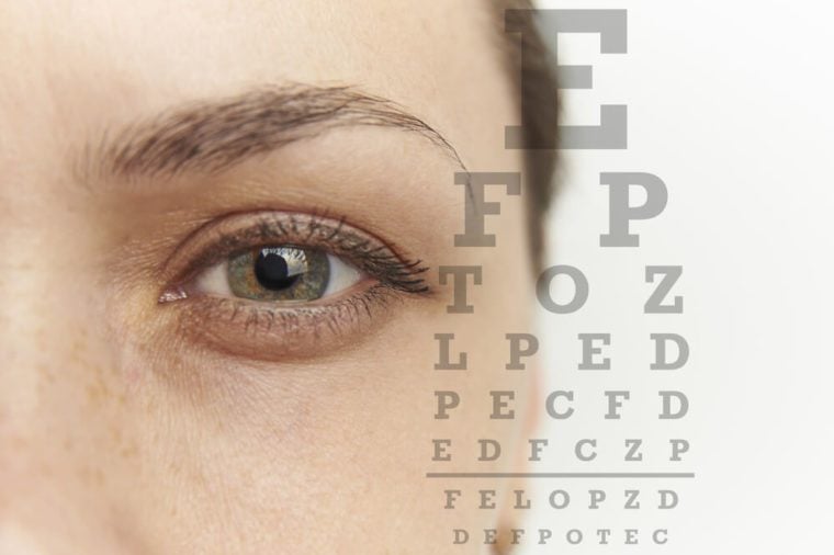 Female eye and table to check eyesight close-up