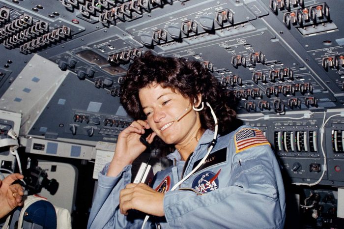 STS-7 mission specialist, Sally K. Ride on the flight deck of the space shuttle Challenger