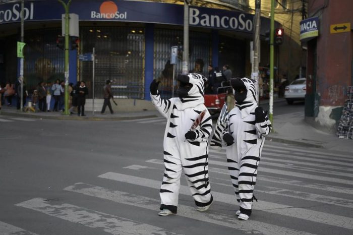 Two women dressed with zebra costumes, talk while crossing an avenue in La Paz, Bolivia, . Bolivia will hold general elections on Sunday 12