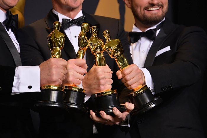 LOS ANGELES, CA. February 26, 2017: Winners holding their Oscar trophies in the photo room at the 89th Annual Academy Awards at the Dolby Theatre, Los Angeles.