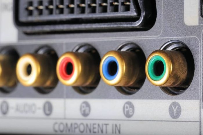 Close-up view on a digital video recorder on the part connectors. Video audio input. Selective focus.