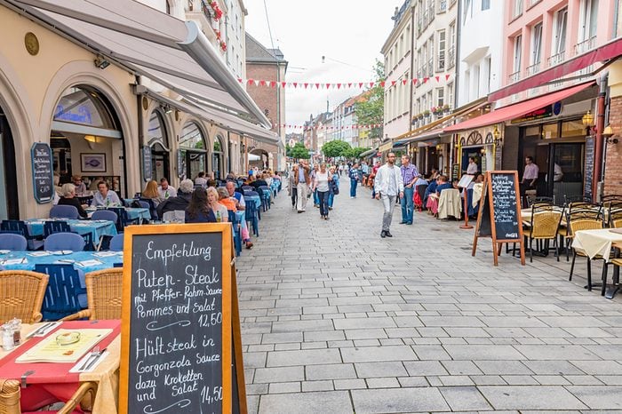 DUSSELDORF, GERMANY - JULY 28, 2016: Restaurants on the stree in Altstadt of Dusseldorf, Germany.