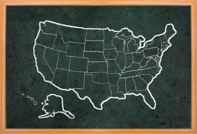 America map draw on grunge blackboard with wooden frame
