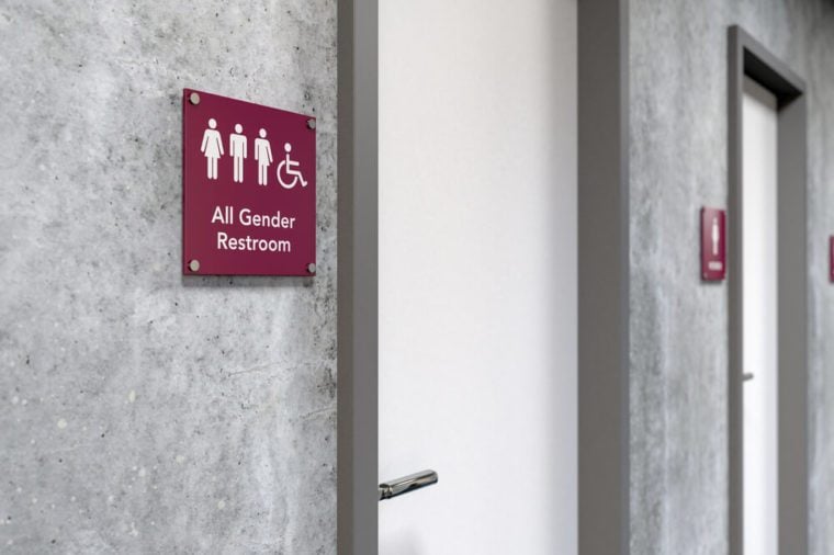 All-gender restroom signage next to a restroom door showing icons of man, woman, transgender and wheelchair user