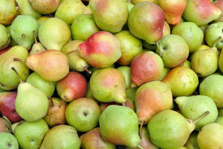 close-up of ripe organic pears after harvesting