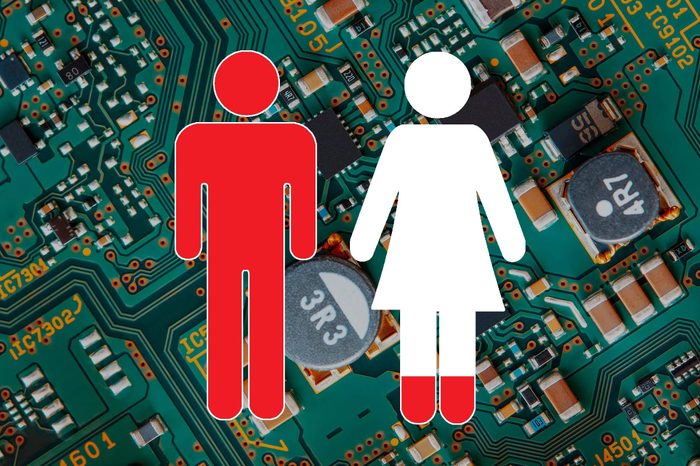 computer circuit board close up with man and woman symbols overlay