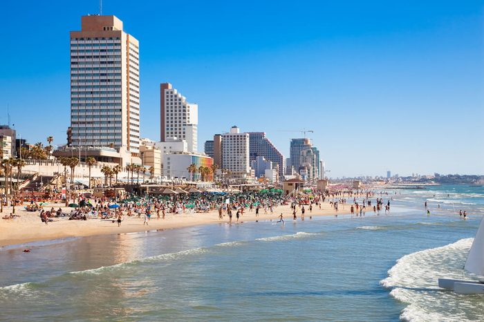 Panoramic view of the Tel-Aviv public beach on Mediterranean sea. Israel