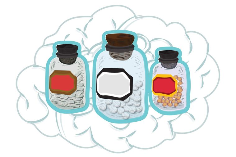 illustration of pill bottles superimposed over a brain
