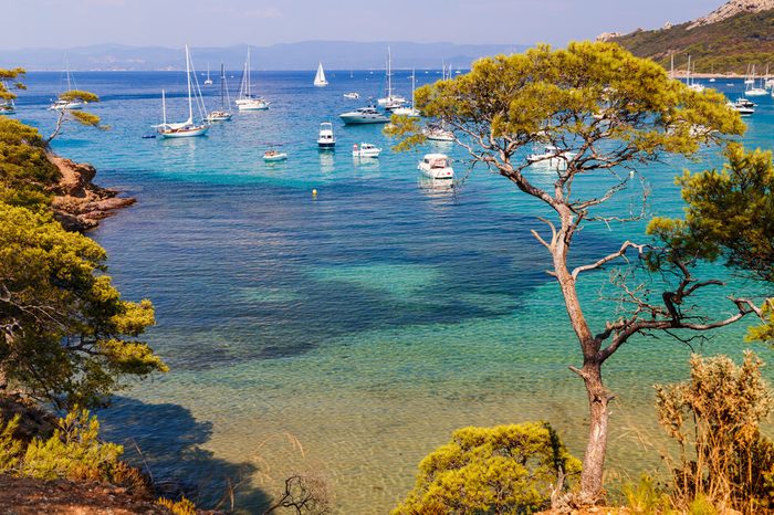 Beautiful bay with yachts in Porquerolles, the island in southern France.